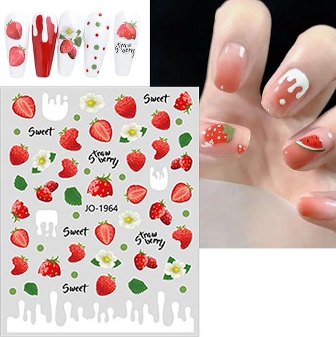 6 Sheets Colorful Fruit Nails Art Stickers Summer Nails Stickers 3D Self Adhesive Fruit Nail Decals Cute Fruits Watermelon Strawberry Cherry Nail Design Nail Art Supplies for Women Nail Decorations