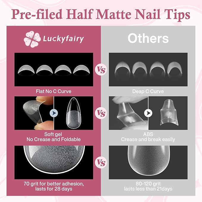 Medium Almond Nail Tips, 504pcs Soft Gel Pre-Filed Acrylic Almond Fake Nails, Half Matte Full Cover Clear Press on Flase Nail Tips for Nail Extension Home DIY 12 Sizes