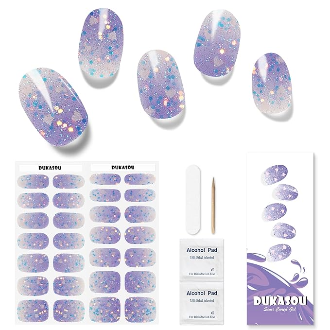 Semi Cured Gel Nail Strips, 28pcs Gradient Love Gel Nail Strips Work with Any UV Light, Gel Nail Stickers Full Nail Wraps for Women Girls Kids DIY Gift, Include Prep Pads, Nail File&Wood Stick