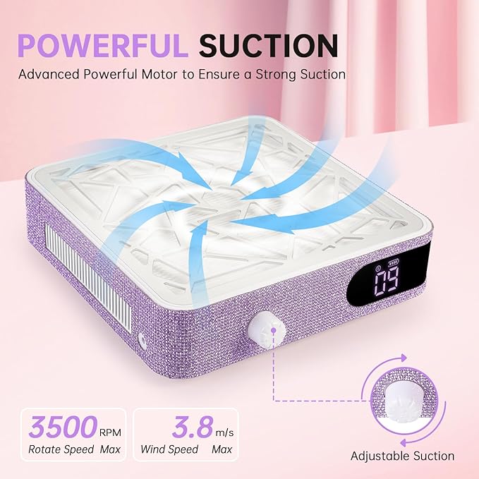 Nail Dust Collector, Cordless Dust Collector Nail Tech, Powerful Vacuum Fan Vent Dust Collector Extractor Dust Suction Machine for Acrylic Nails Polishing, Nail Salon, Light Purple