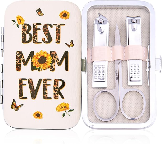 Best Mom Ever Gifts - Manicure Set 7-Piece Stainless Steel Nail Clipper Kit for Women - Sunflower Leopard Design Travel Nail Care Gift for Mom, Wife, Grandma - Mother’s Day Appreciation Gift