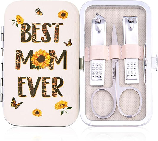 Best Mom Ever Gifts - Manicure Set 7-Piece Stainless Steel Nail Clipper Kit for Women - Sunflower Leopard Design Travel Nail Care Gift for Mom, Wife, Grandma - Mother’s Day Appreciation Gift