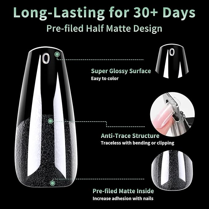 Long Coffin Nail Tips, 216pcs Acrylic Soft Ballerina Fake Nails Gel Nail Tips, Full Cover Pre-Shaped Matte Clear Press on Nails for Extension, Diy at Home Manicure 12 Sizes