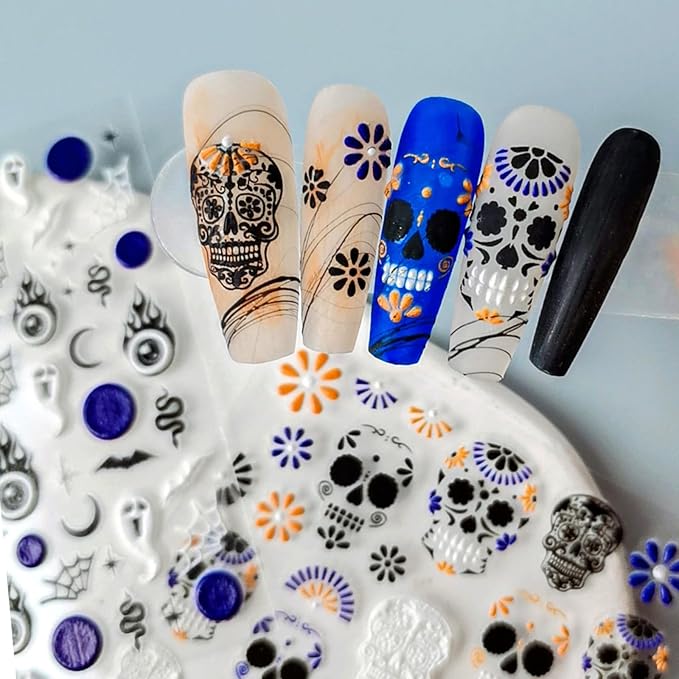 2 Sheets Halloween Skull Nail Stickers for Nail Art, 5D Embossed Black Orange White Nail Design Skull Nail Decals Skeleton Flowers Acrylic Nail Art Stickers Halloween Self-Adhesive Nail Art Supplies