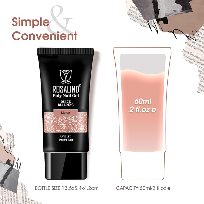ROSALIND Pink Poly Nail Gel, 60ml Extension Gel for Nail Art Poly, Natural Color Builder Pink Gel Poly Extension Easy to DIY Use at Home Need UV Lamp