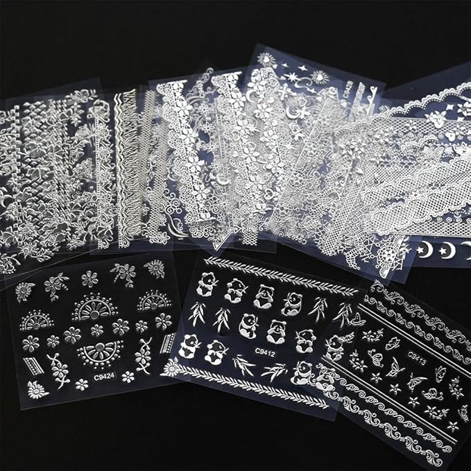 30 Sheets Silver Nail Sticker Silver Lace Nail Art Stickers Silver Retro Flower Star Moon Heart Cat Design 3D Self-Adhesive Nail Sticker Decals Nail Supplies for Women Girls DIY Nail Art Decoratio