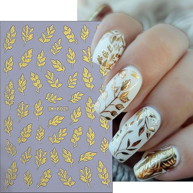 8 Sheets Gold Leaf Nail Stickers Autumn Leaves Nail Decals 3D Thanksgiving Design Fall Nail Art Stickers Gold Flower Vines Snowflake Nail Decoration Accessories for Women DIY Acrylic Nails Salon