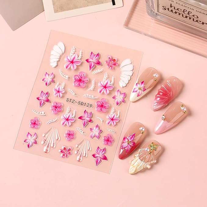 2 Sheets Flower Nail Stickers for Nail Art 5D Embossed Cherry Blossom Nail Decals Self-Adhesive Summer Hibiscus Flowers Nail Art Stickers Pink Floral Designs Nail Decal for Women Nail Decoration