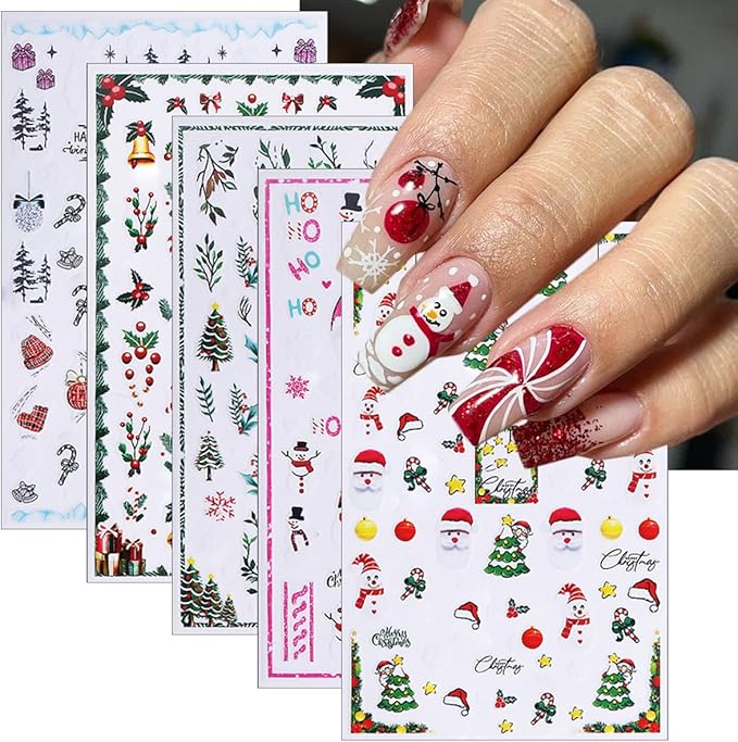 5 Sheets Christmas Nail Stickers 3D Self-Adhesive Dwarf Santa Claus Snowflake Xmas Trees Nail Decals Cute Elk Penguin Nails Design Stickers Winter Nails Supplies for Women Holiday DIY Manicure Decor