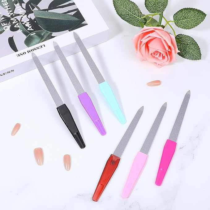 Metal Nail File Set 6 Pcs Metal Nail Files for Women, Anti-Slip Handle Sword Shape, Stainless Steel Nail Files with Sharp Pointed Tip for Natural Nails in Multicolored