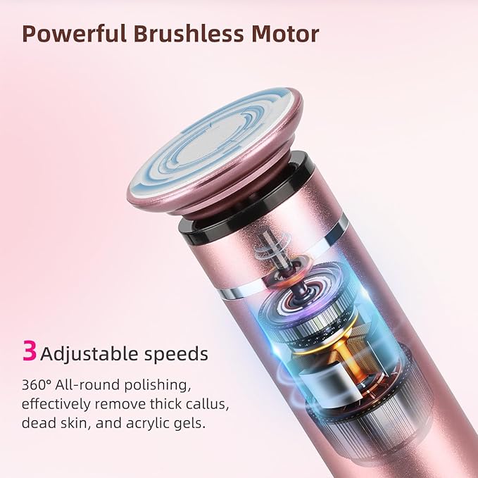 Electric Foot File Callus Remover - 3 Speeds & 4 Nano Glass Heads for Smooth Feet - Professional Pedicure Tool for Dead Skin, Hard & Cracked Heels - Rechargeable & Portable