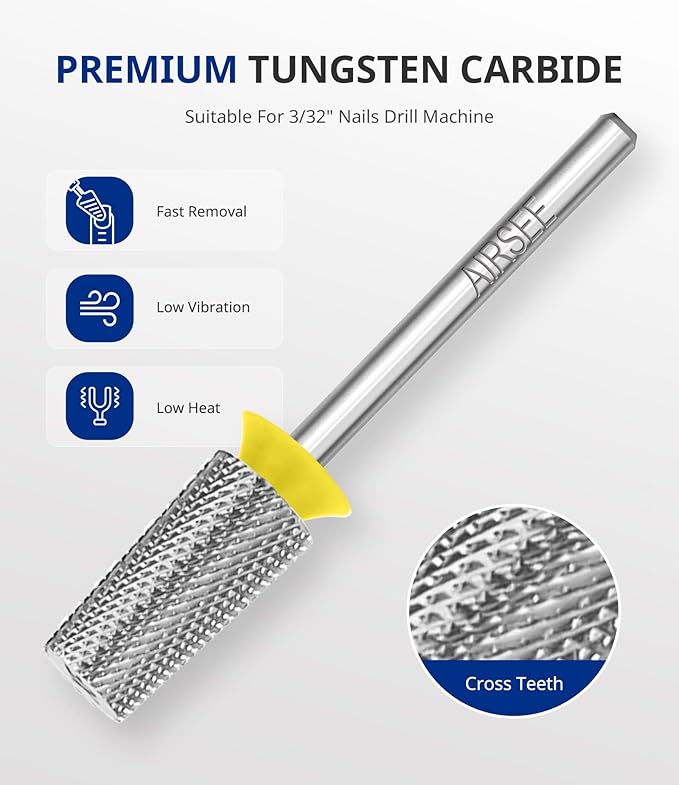 AIRSEE Tungsten Carbide Acrylic Nail Drill Bit Efile Electric File Machine Head Tip for Manicure Polishing Art Remove Gel 3/32" 2 Way Professional Tech Flat Top Tapered Barrel Extra Fine-XF