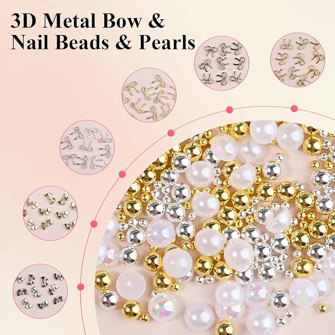 3D Metal Bowknot & AB Pearl and Mini Beads Nail Art Kit - Gold/Silver Alloy Bowknot, 1-2mm Stainless Steel Caviar Beads, 3mm Half Pearls for Professional Salon & DIY Manicure Jewelry Designs (Set 5)