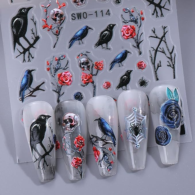 Halloween Nail Stickers 5D Spooky Skull Spider Nail Decals DIY Self Adhesive Mushroom Crow Flower Spider Web Nail Design Sticker Nail Decoration Supplies Holiday Manicure Accessories for Women 3Pcs