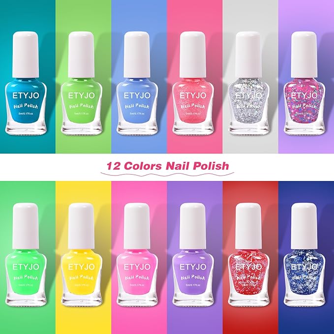 Kids Nail Polish - 12 Colors Rainbow Nail Polishs, Non-Toxic Water-Based Peel Off Nail Polish Set, Gift Kit Set for Kids Girls, Ages 3+