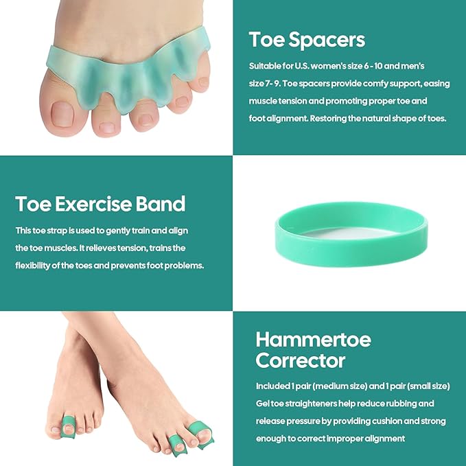 Hammer Toe Corrector Toe Spacers - 9 Pack Gel Toe Spreaders - Toe Straighteners Realign Bent, Curled, Crooked, Claw, Hammer Toes - Toe Stretchers for Men and Women