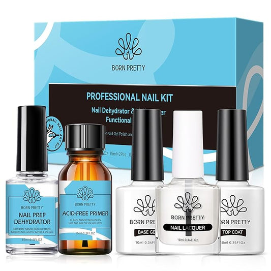 Born Pretty Nail Dehydrator and Primer, Nail Prep Dehydrator Acid Free Nail primer, Cuticle Oil for Nails, Base and Top Gel Coat Nail Supplies Functional Nail Set 5PCS