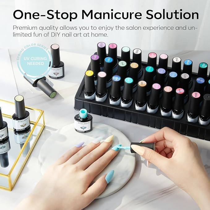 modelones 32 PCS Summer Gel Nail Polish Set, 28 Colors Pastel Gel Polish with No Wipe Base Coat, Glitter & Glossy & Matte Top Coat Maracon Colors Soak Off LED Nail Art Kit