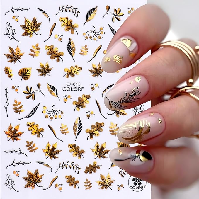 Fall Maple Leaves Nail Art Stickers for Thanksgiving, Gold Maple Leaves Nail Decals 3D Self-Adhesive with Flowers Butterfly Design 6Pcs Laser Gold Glitter Nail Art Supplies for Women Nail Decoration