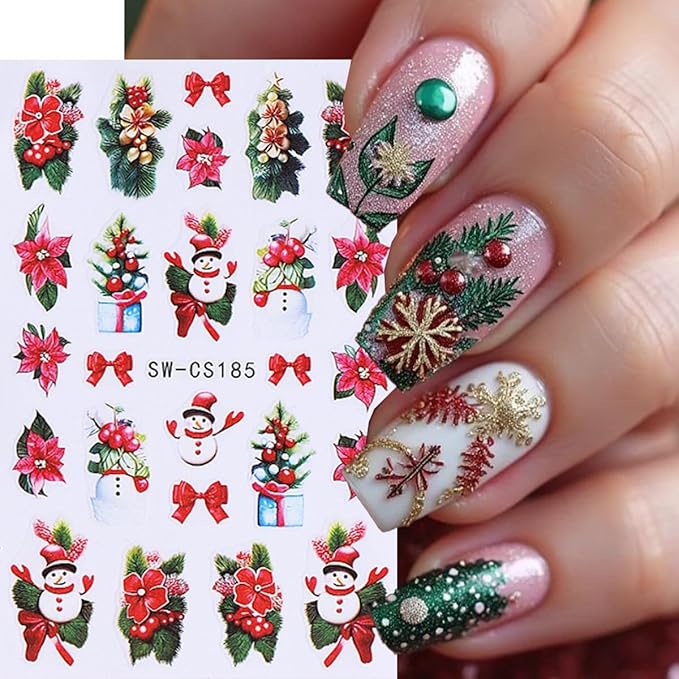 Christmas Nail Stickers Christmas Tree Nail Decals Bow Gift Crutch Nail Art Sticker Green Bow Gift Snowman Light Ball Design Heart Nail Stickers for Nail Art for Women DIY Holiday Manicure 6 Sheets