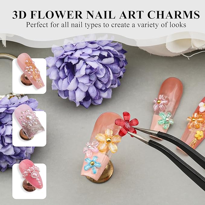 3 Boxes 3D Flower Nail Charms and Gems - Colorful Nail Flower & Metal Butterfly Charms Clear Rhinestones Gemstones Silver/Gold Caviar Beads White Pearls with Nail Chain for DIY Nails (15-S3-Mixed4)