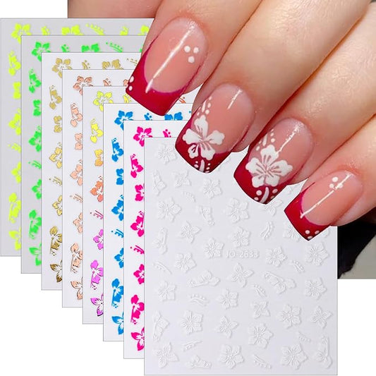 8Sheets Color Flower Nail Stickers 3D Hollow Out Hibiscus Nail Decals Pink Yellow White Floral Designs Summer Cute Flowers Decals Pegatinas Uñas for Women Girls DIY Manicure Decoration Accessories
