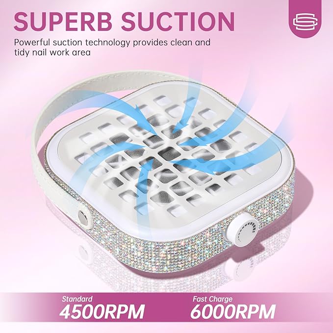 Nail Dust Collector, Mini Bling Crystal Diamond Compact 6000RPM Powerful Vacuum Fan Vent Dust Collector Extractor Dust Suction Machine for Acrylic Nails Polishing, Fast Charging
