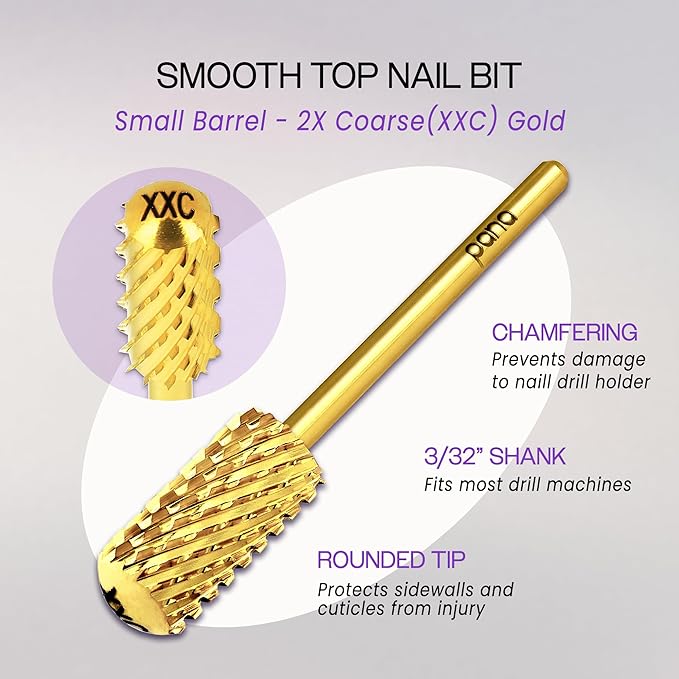 PANA 3/32" Small Smooth Round Top Safety Carbide Nail Drill Bit for Gel Polish & Acrylic Removal Nail Salon Manicure Pedicure Electric File Tools (Small Barrel - Gold, 2X Coarse)