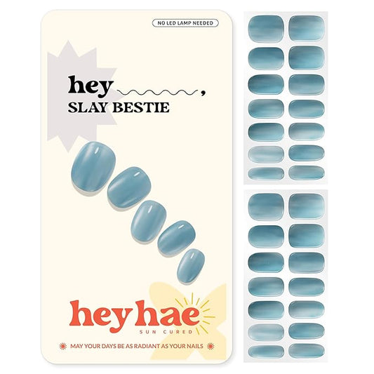 Heyhae Semi Cured Gel Nail Strips | No LED Lamp Needed | Solid, Blue | Easy Apply & Remove, Salon Quality | Includes 28 Strips, 1 Prep Pads, Nail File & Wooden stick - Hey, Slay Bestie