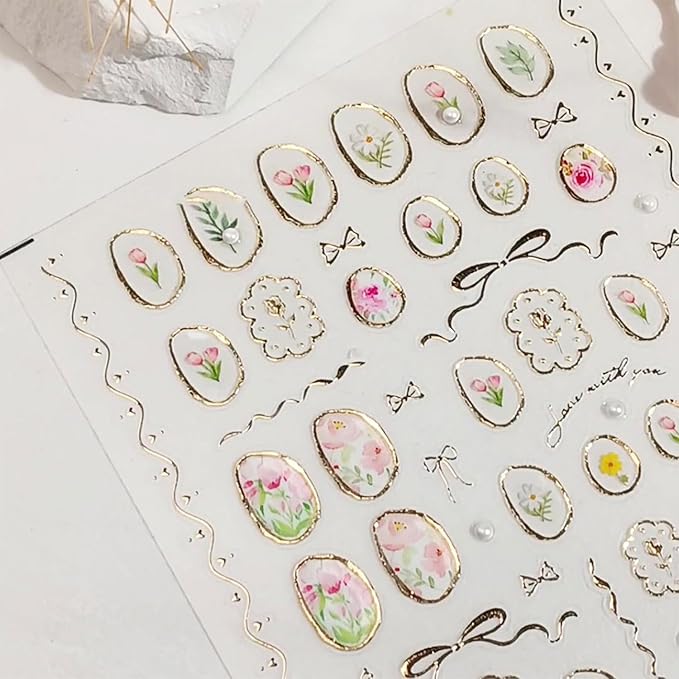 Flower Nail Art Stickers 5D Embossed Nail Stickers Tulip and Gold Hollow Nail Decals for Nails Art Designs Self-Adhesive Nail Art Supplies for Women Girls Summer DIY Manicure