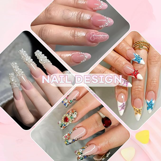 8000Pcs Nail Pearls and Colorful Rhinestones for Nail Art, White Pearl Nail Charms(Flatback+Round), Nail Gems and Rhinestones Crystals Charms Bedazzling Gems for Acrylic Tips Manicure Decor