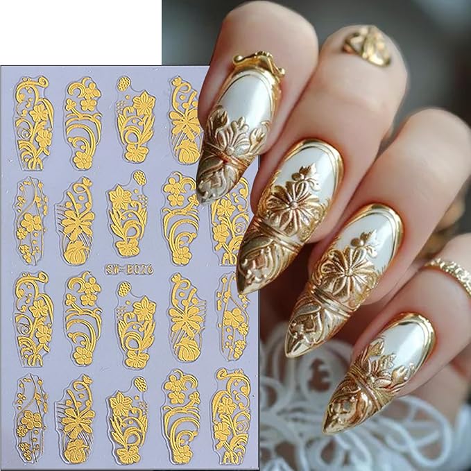 8 Sheets Gold Leaf Nail Stickers Autumn Leaves Nail Decals 3D Thanksgiving Design Fall Nail Art Stickers Gold Flower Vines Snowflake Nail Decoration Accessories for Women DIY Acrylic Nails Salon