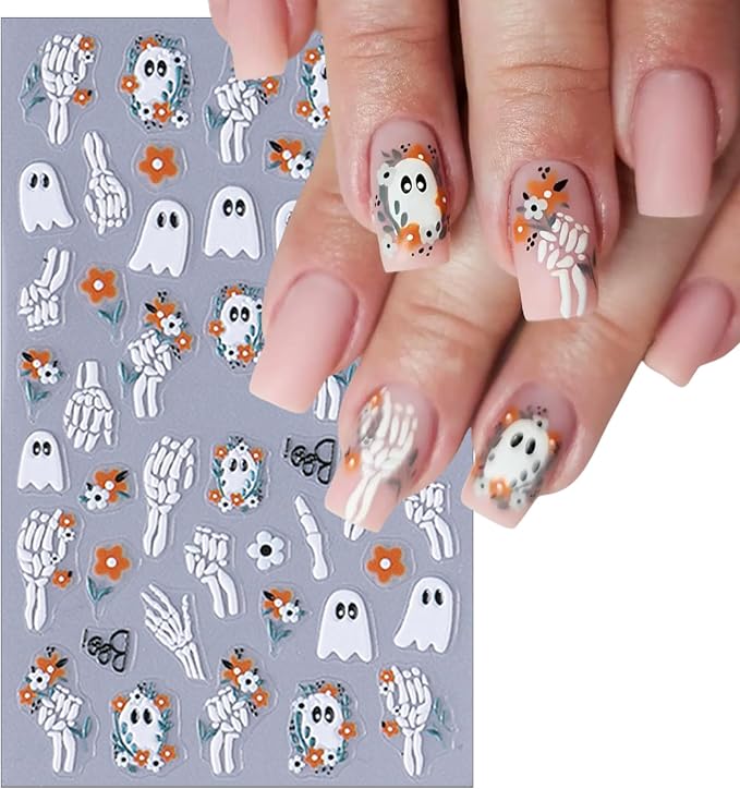 Halloween Nail Art Stickers 5D Self-Adhesive Mummy Spider Web Scary Black Spider Pumpkin Nail Stickers Ghost Skeleton Design Nail Decals for Halloween Party DIY Manicure Decorations 3 Sheets