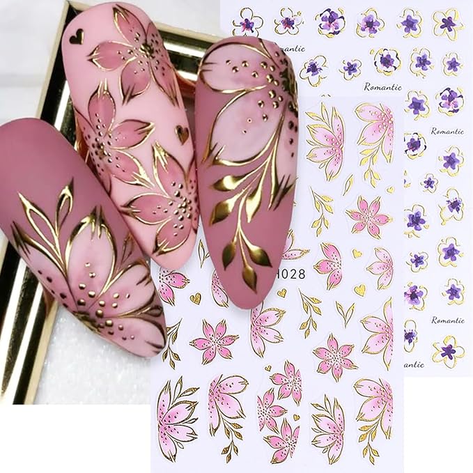 4 Sheets Pink Flower Nail Stickers, Gold Stamping Floral Nail Art Decals, 3D Self-Adhesive Nail Design Stickers for Women DIY Spring Season Purple Pink Flower Manicure Decoration Supplies