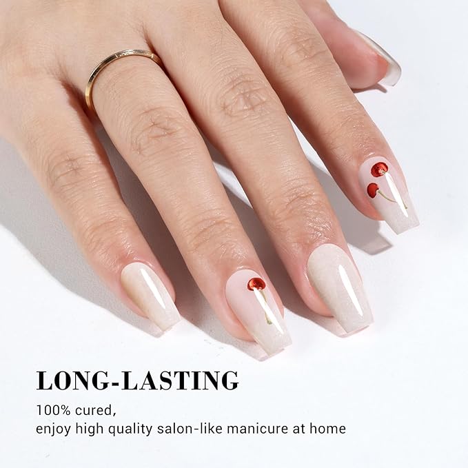 MelodySusie 30PCS Semi Cured Gel Nail Strips (Cherry White French Tips), Works with Nail lamp, Salon Quality, Long Lasting, Easy to Apply and Remove, Includes 2 Prep Pads, Nail File and Wooden Stick