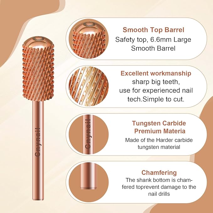 3/32" Large Barrel Smooth Round Top Tungsten Carbide Nail Drill Bit Safety Bit for Gel & Acrylic Removal, 2-Way Rotating Efile Tip, Salon Electric File Accessory (C Grit, Rose Gold)