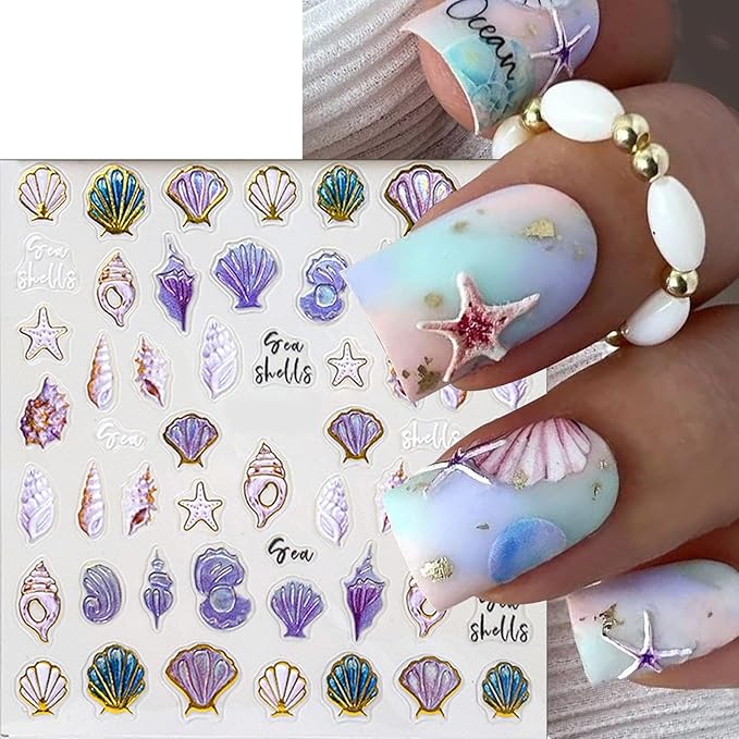 2 Sheets Summer Nail Art Stickers 5D Embossed Beach Shell Starfish Cute Dolphin Mermaid Pearl Jellyfish Designs Self Adhesive Nails Supplies Blue Summer Sea Theme Manicure Decorations for Women