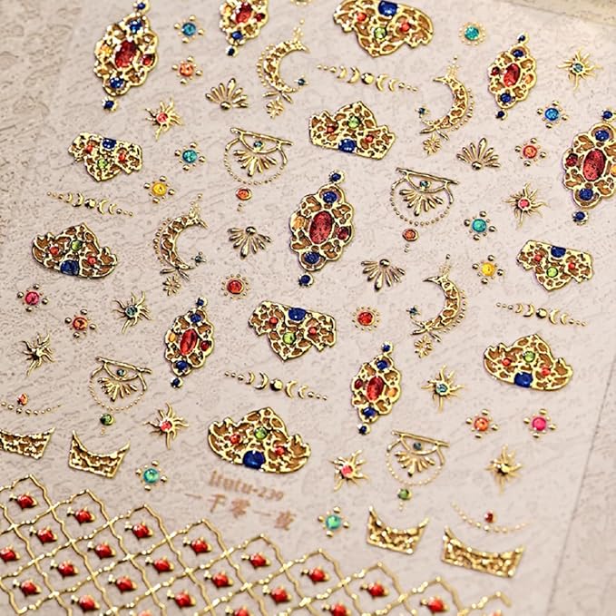 Gold Nail Stickers for Nail Art Self-Adhesive Bohemia Totem Vintage Luxury Nails Design 5D Nail Art Stickers Gold Colorful Diamond Nail Decals for Women Nail Supplies Accessories 1Sheets