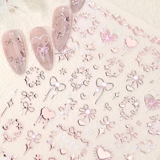 Pink Heart Nail Art Stickers Decals 5D Embossed Star Nail Stickers for Nail Art Pink Bow Nail Decals Valentine Nail Design Cute Nails Supplies for Women