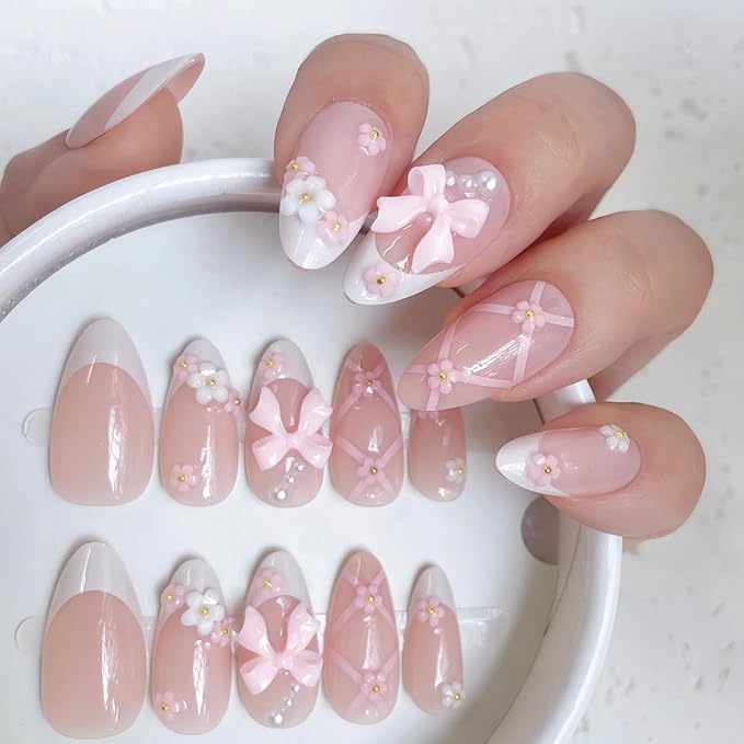 24PCS Blush Pink French Almond Press-On Nails – Medium Length Fake Nails with 3D Bow & Flower Design, Soft Back & Durable Tip, Reusable Stick-On Nail Tips with Glue & Tools for Women