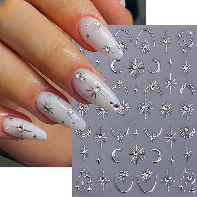 4 Sheets 5D Moon Star Nail Art Stickers Gold Silver Glitter Rhinestones Nail Decals Self-Adhesive Sun Heart Nail Decor Cute Nail Design Stickers Spring French Nails Supply for Women DIY Manicure