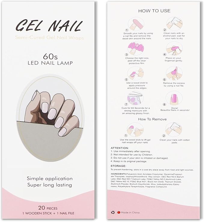JMEOWIO Gel Nail Stickers Cream Light Pink Semi Cured Gel Nail Strips Wraps UV/LED Nails Art Design Decoration Accessories