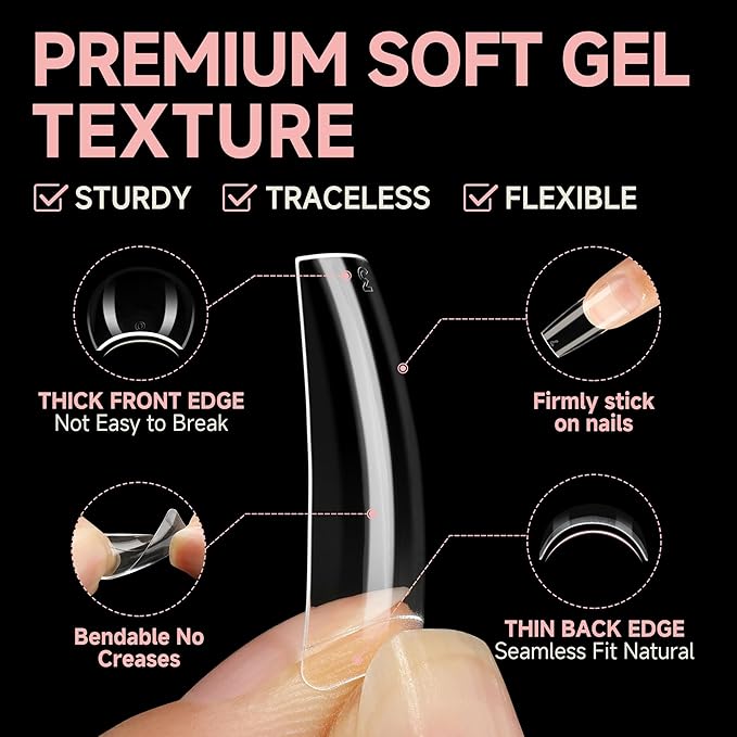 UNA GELLA Clear Gel Nail Tips Square No C Curve 504pcs French Style Square Acrylic Nail Tips Pre-inner Half Cover Faster Gel Nail Extension Home DIY French Press On Nails 12 Sizes