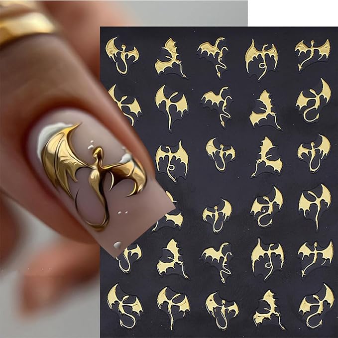 6 Sheets Halloween Bat Nail Stickers for Nail Art Glitter Laser Gold Silver Nail Decals 3D Self-Adhesive Gothic Dragon Nail Design Stickers Holiday Nail Art Supplies for Women DIY Women