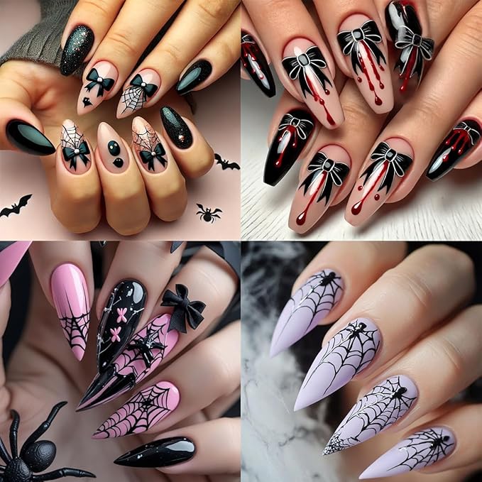 4 Sheets Halloween Nail Art Stickers Black Bow Spider Web Y2K Nail Decals 3D Self-Adhesive Bloody Drop Bowknot Nails Stickers Gothic Halloween Nails Decorations for Women Holiday DIY Manicure Supplies