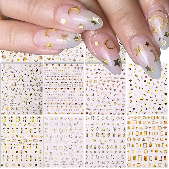 11 Sheets Gold Nail Art Stickers Decal,Stars Moon Nail Decals 3D Self-Adhesive Nail Art Supplies Metallic Stars Moon Planet Heart Glitter Nail Designs Sticker for Women DIY Acrylic Nails Decorations