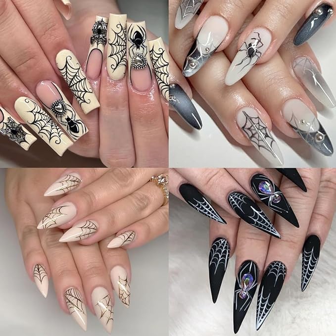 8Pcs Spider Nail Art Stickers 3D Self Adhesive Horror Goth Nail Decals Black White Gold Silver Halloween Nail Stickers Holiday Nail Design Supplies Spider Web Sticker for Women Manicure Decoration