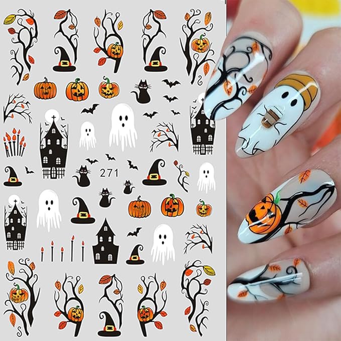 6 Sheets Flower Halloween Nail Art Stickers Colorful Ghost Nail Stickers Pumpkin Nail Decals Spider Web Tree Star Orange Design Cute Nail Sticker for Nail Art for Women Decoration Holiday Manicure