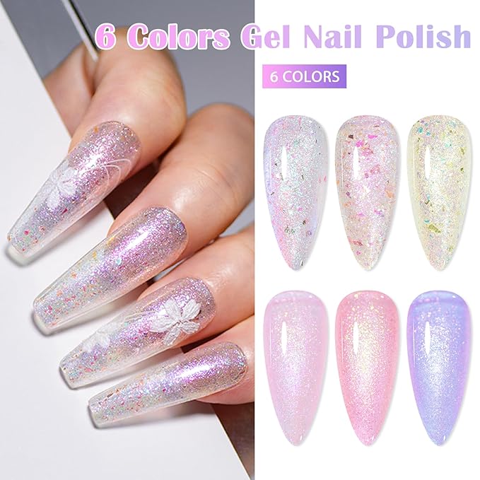 MEET ACROSS Gel Nail Polish Set 6 Pcs Glitter Colors Gel Nail Kit Art Design Soak Off UV LED (SET-2, 6pcs)