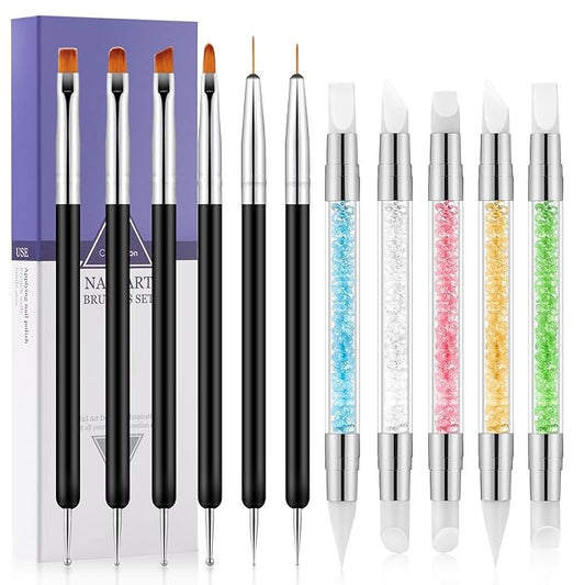 11PCS Nail Art Brushes & Nail Dotting Tools,Double Ended Tipped Silicone Nail Tools,Gel Polish Brush,Liner Brush,Dotting Pen for Home Salon DIY Kit (Black)
